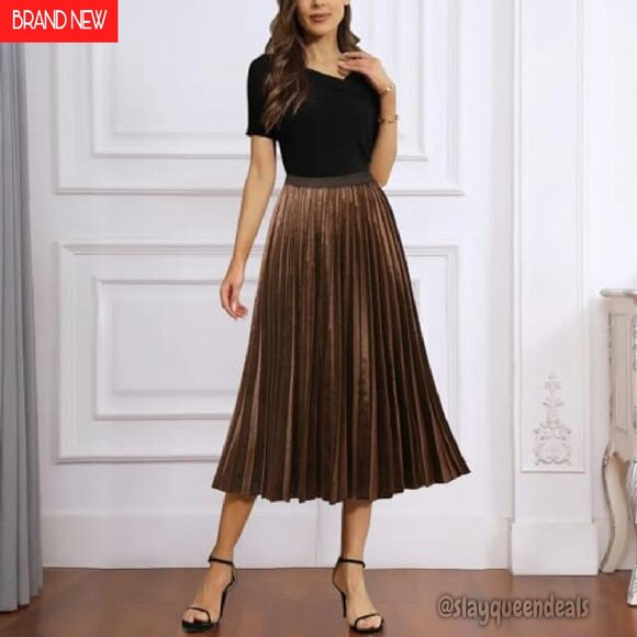 Pleated A-Line High Waist Swing Flare Midi Skirt Wrinkle Resistant Polyester - Picture 3 of 7